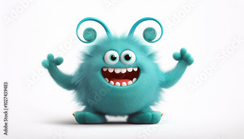 A teal furry monster beams with joy, its antennae swirling. Pure, unadulterated happiness radiates from its cheerful expression!