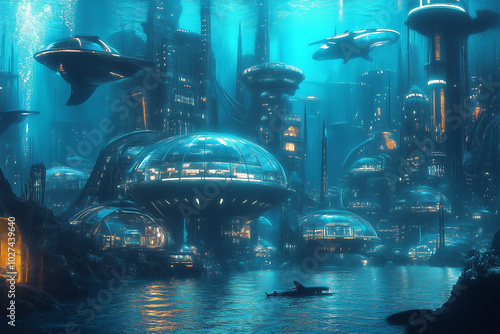 Underwater City Futuristic Transparent Domes and Neon Buildings
