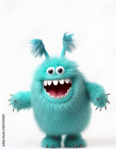 Joyful teal monster, wide grin, fluffy fur, playful pose, against a bright white background. A cheerful, cartoonish creature.