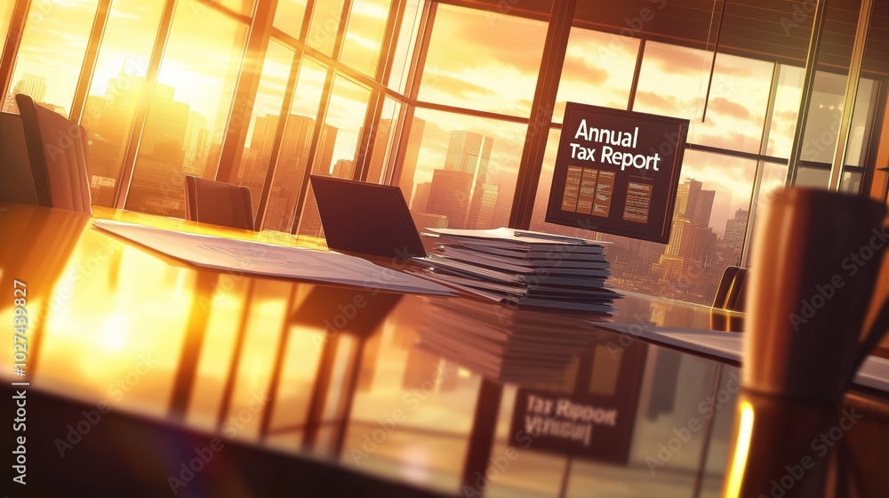 A conference room with large windows at sunset, showing a stack of documents on the table and a screen displaying an annual tax report, reflecting the setting sun's warm light over a cityscape A conference room with large windows at sunset, showing a stack of documents on the table and a screen displaying an annual tax report, reflecting the setting sun's warm light over a cityscape