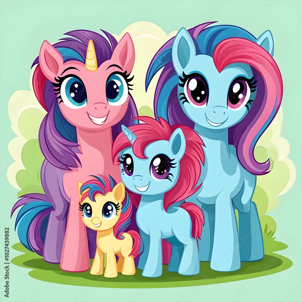 cartoon pony family full of smiles and colorful charm on a green background cartoon pony family full of smiles and colorful charm on a green background