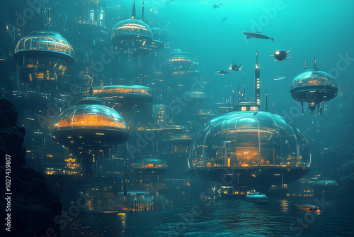 Underwater City Futuristic Transparent Domes and Neon Buildings