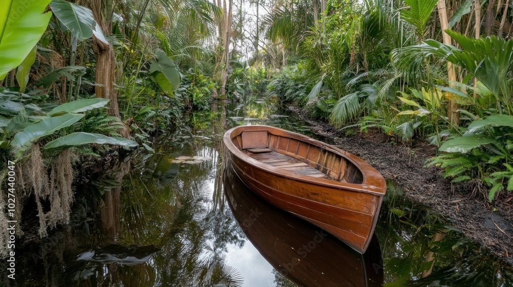 Wooden Rowboat in a Lush Tropical Jungle Creek Wooden Rowboat in a Lush Tropical Jungle Creek