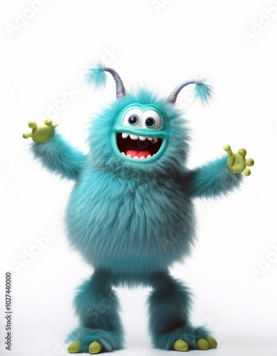 A cheerful, teal-furred monster with a wide, joyful grin welcomes you with open arms!  Its playful pose and bright eyes radiate pure happiness. photo