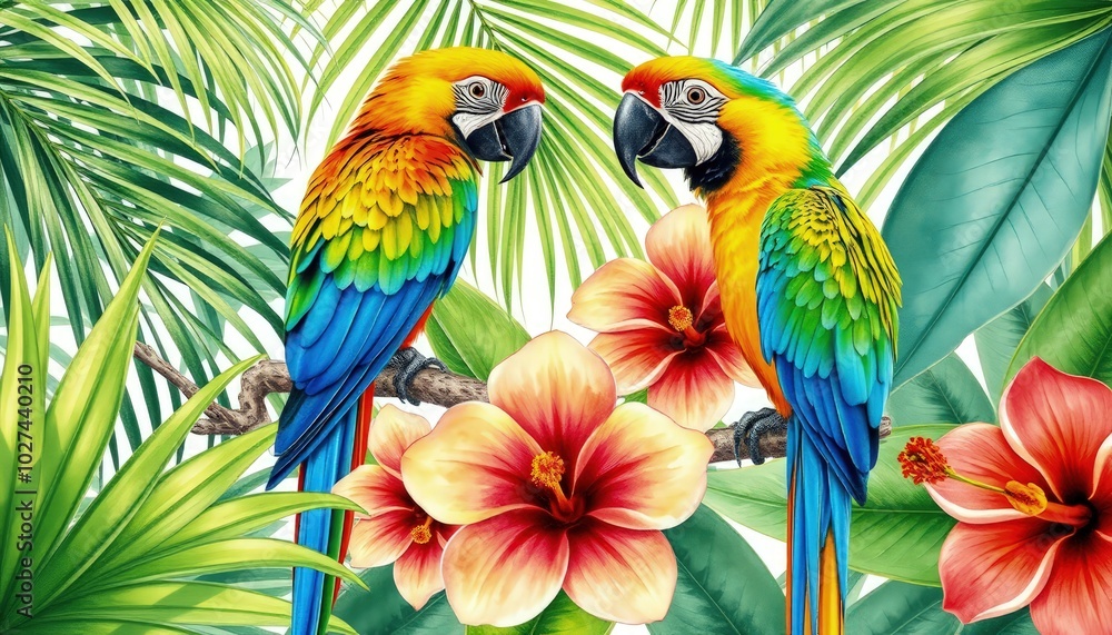 Obraz premium Parrots lovebirds, palm leaves, tropical flowers: turmeric, orchid, hibiscus in watercolor botanical illustration AI Generate