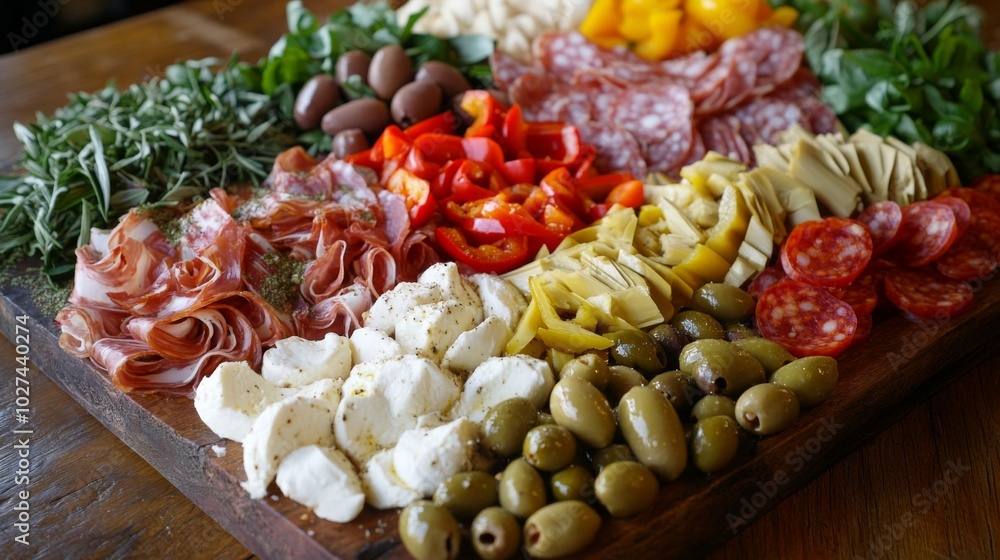 A wooden serving board with a variety of meats, cheeses, olives, and vegetables. A wooden serving board with a variety of meats, cheeses, olives, and vegetables.