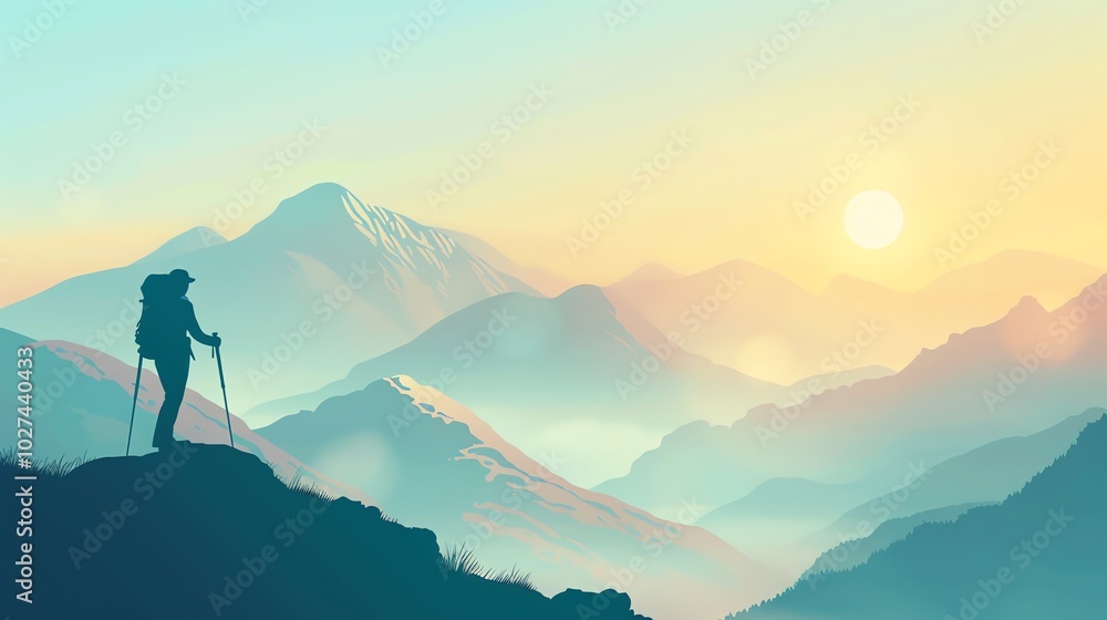 A hiker stands on a mountaintop looking out over a misty valley. A hiker stands on a mountaintop looking out over a misty valley.