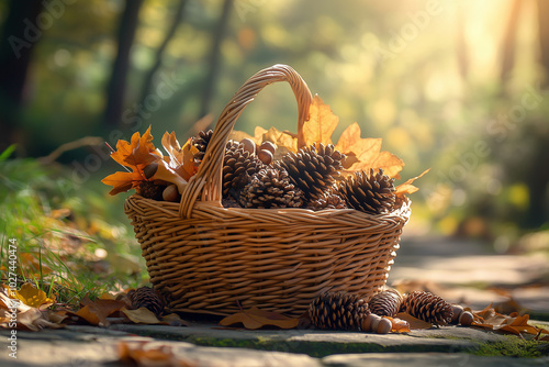 Autumn Basket with Pine Cones and Acorns