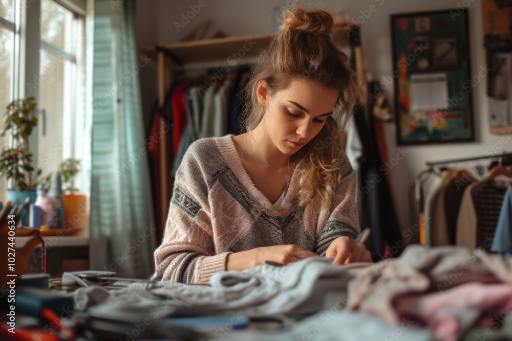 Focused young woman sewing clothes in cozy workshop Focused young woman sewing clothes in cozy workshop