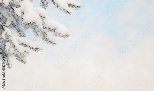 Snow covered tree branches adorned with thick layers of snow in a focused copy space, Generative AI 