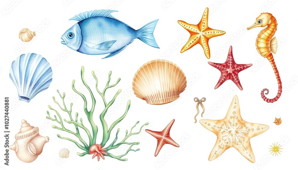 Marine life: seashells, fish, algae, seahorse, starfish on isolated white background, watercolor illustration AI Generate Marine life: seashells, fish, algae, seahorse, starfish on isolated white background, watercolor illustration AI Generate