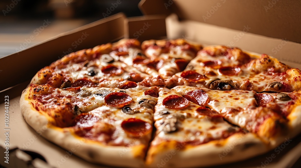 A delicious pepperoni pizza with melted cheese and mushrooms sits in a cardboard box. The pizza is ready to be eaten and looks very appetizing. A delicious pepperoni pizza with melted cheese and mushrooms sits in a cardboard box. The pizza is ready to be eaten and looks very appetizing.