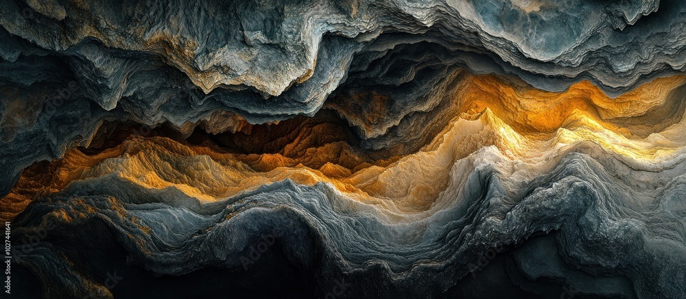 Abstract 3D illustration of a deep and layered landscape with an illuminated gold section, resembling a futuristic or alien landscape. Abstract 3D illustration of a deep and layered landscape with an illuminated gold section, resembling a futuristic or alien landscape.