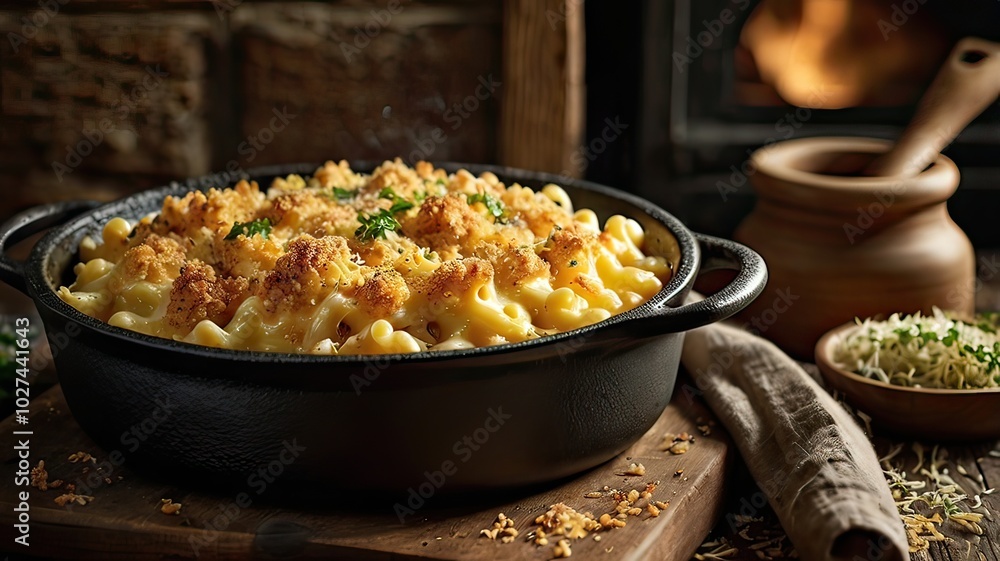 Creamy Macaroni and Cheese in Cast-Iron Skillet with Golden Breadcrumbs and Parsley Garnish Creamy Macaroni and Cheese in Cast-Iron Skillet with Golden Breadcrumbs and Parsley Garnish