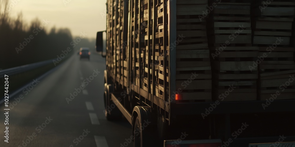 This photo shows a large truck with a trailer full of wooden crates moving down a long highway, emphasizing transportation and logistics under sunset skies. This photo shows a large truck with a trailer full of wooden crates moving down a long highway, emphasizing transportation and logistics under sunset skies.