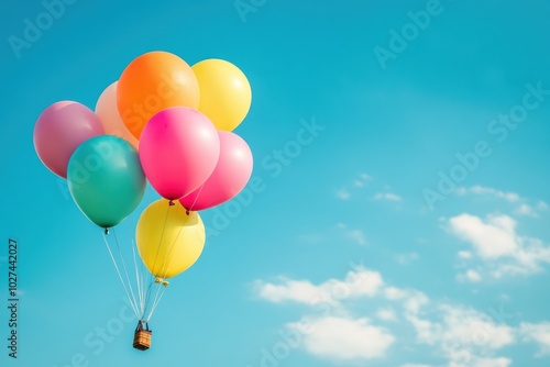 Brightly colored balloons ascend against a clear blue sky, creating a joyful atmosphere on a beautiful sunny day with wispy clouds. Generative AI