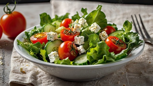 Fresh Summer Salad with Mixed Greens, Cherry Tomatoes, Cucumber, Feta Cheese, and Tangy Vinaigrette in White Ceramic Bowl