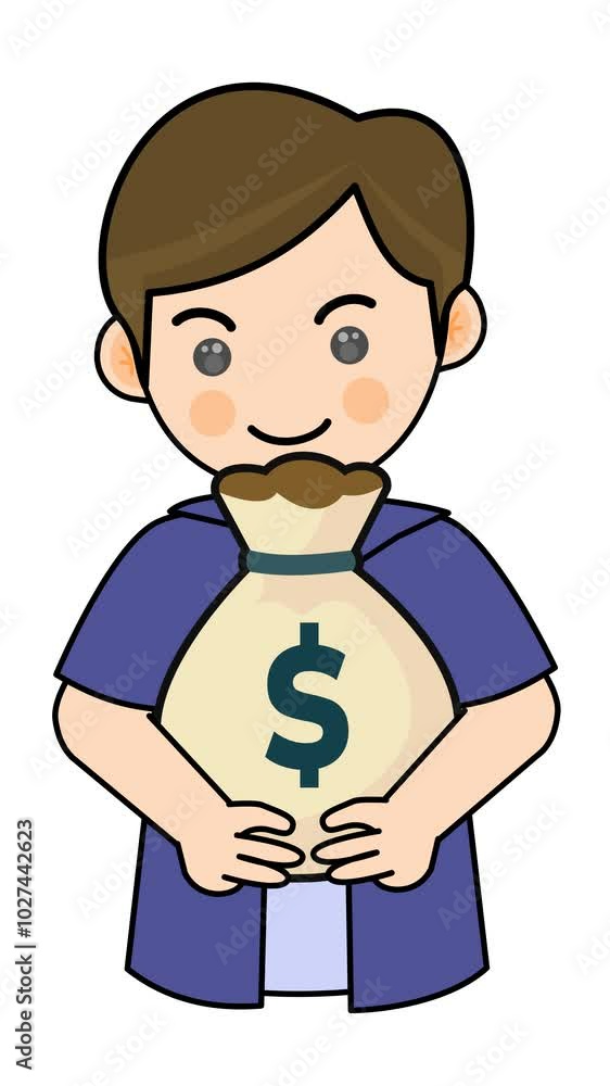 Cute boy holding a money bag. Cartoon character animation. Alpha matte. Suitable for business and financial video content. Seamless looping Cute boy holding a money bag. Cartoon character animation. Alpha matte. Suitable for business and financial video content. Seamless looping