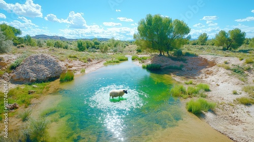 A natural ecosystem where sheep have grazed on grasses, leading to a visible boost in the growth of nearby trees due to improved soil moisture availability.