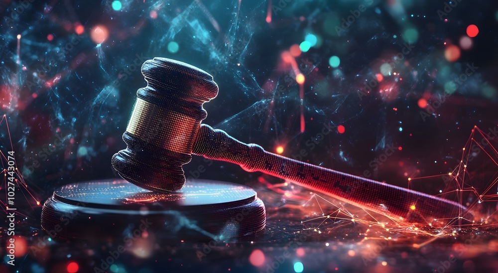 A goblet on digital data representing the court system in cyber law. The background is dark with bright lights symbolizing technology. The digital gavel symbolizes law and technology concepts. A goblet on digital data representing the court system in cyber law. The background is dark with bright lights symbolizing technology. The digital gavel symbolizes law and technology concepts.