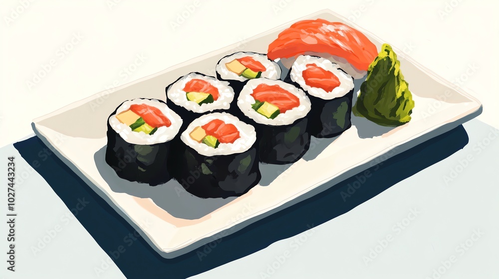 A close-up of a plate of sushi rolls, with a piece of salmon and a green garnish. The rolls are neatly arranged, and the colors are vibrant.