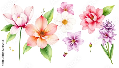Wallpaper Mural Set of watercolor flowers: magnolia, camellia, amaryllis, hyacinth, ranunculus on white background AI Generate Torontodigital.ca