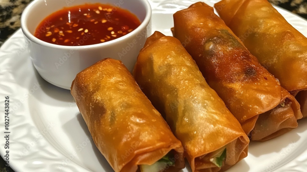 Four crispy spring rolls with a small dish of dipping sauce. Four crispy spring rolls with a small dish of dipping sauce.