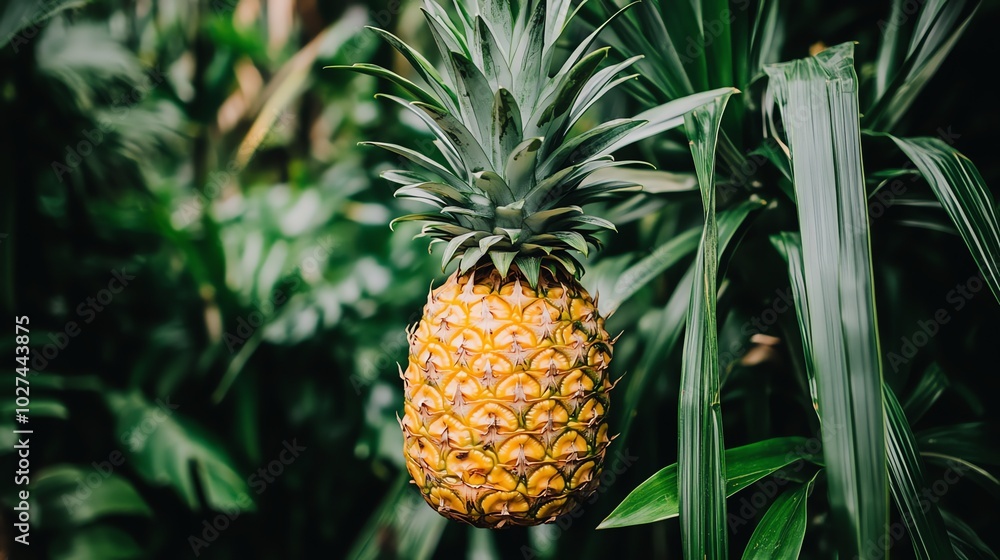 A close-up of a ripe pineapple with its golden skin and sharp leaves.