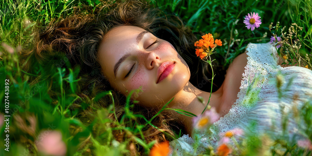 A woman is laying in a field of flowers A woman is laying in a field of flowers