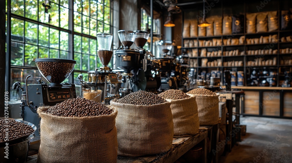 Fototapeta premium A warm, inviting coffee roasting workshop setting, featuring various roasting equipment and bags of green coffee beans ready for transformation.