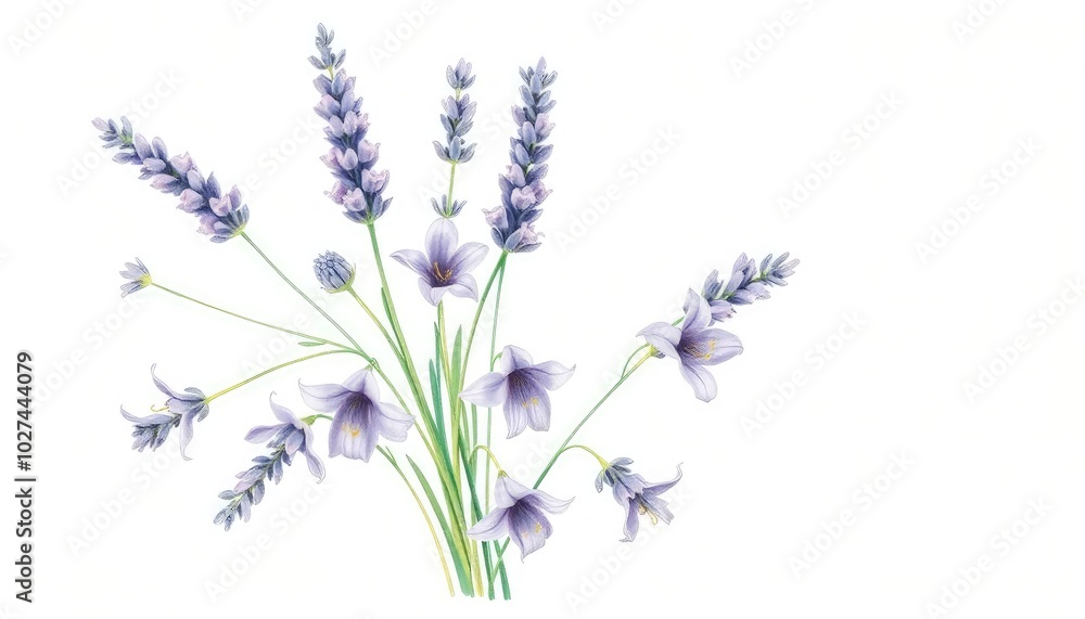 Naklejka premium Bouquet of lavender flowers on white background, watercolor hand drawing, botanical painting AI Generate