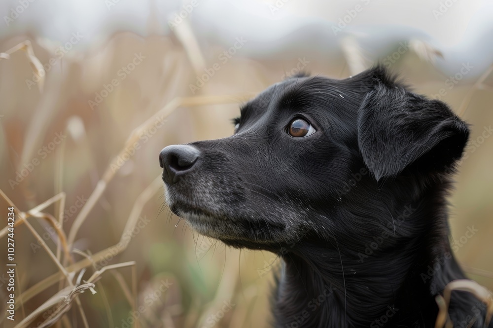 Black dog in field looking thoughtful Black dog in field looking thoughtful