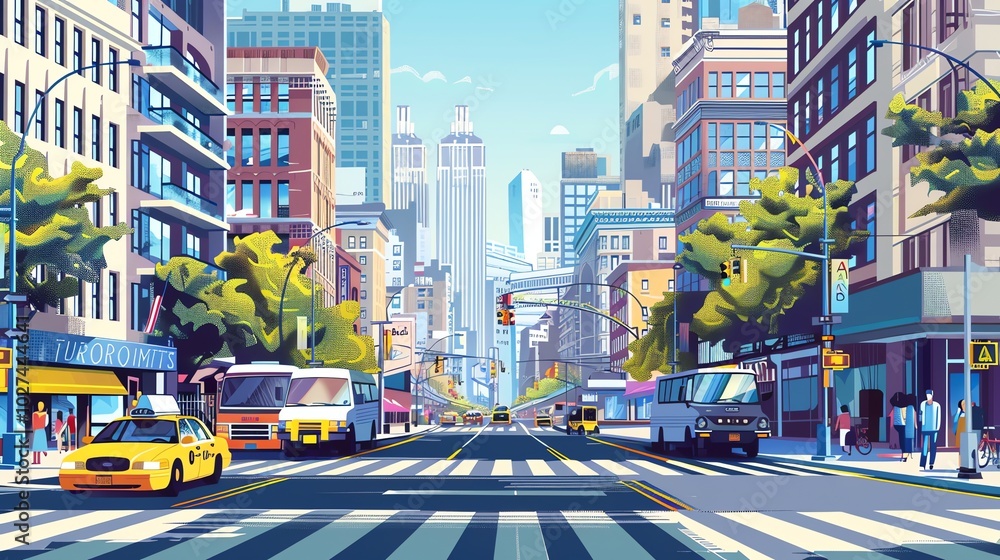 A colorful illustration of a city street with tall buildings and yellow cabs. A colorful illustration of a city street with tall buildings and yellow cabs.