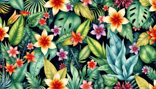 Wallpaper Mural Seamless pattern of tropical leaves, flowers, and succulents, jungle background, watercolor painting AI Generate Torontodigital.ca