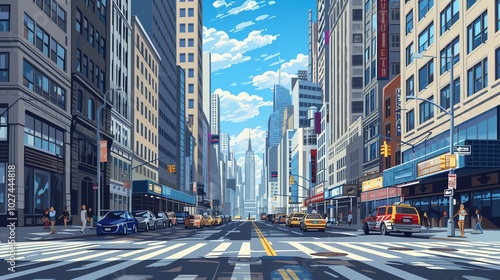 An illustration of a New York City street with tall buildings and yellow cabs.