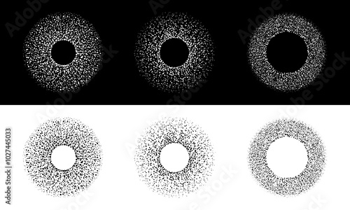 Modern abstract background with dots in circles. Stipple effect in logo, icon or design element. Black dots on a white background and white dots on the black side.