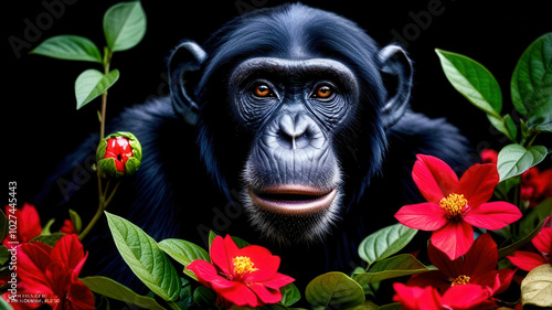 A close up of a black face with red flowers in the background