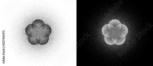 Stipple shape as icon or background. Abstract floral vector with dots as logo or emblem. Black shape on a white background and the same white shape on the black side.