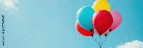 A group of vivid balloons rises against a clear blue sky, evoking a sense of happiness and the spirit of celebration in the warm sunlight. Generative AI photo