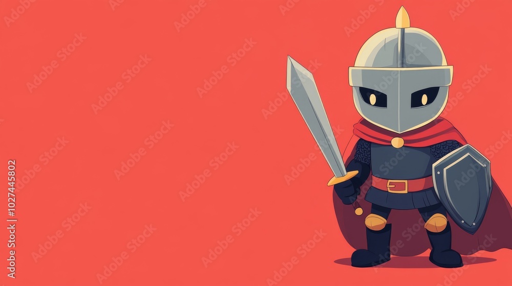 Fototapeta premium Tiny knight holding sword and shield protecting kingdom