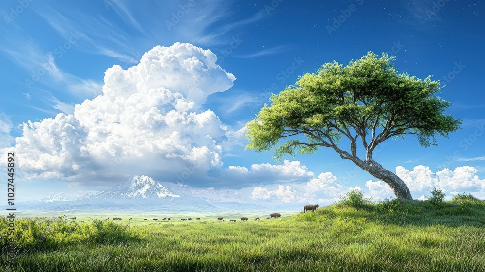 A diverse   landscape with grazing livestock, showing the gradual transformation of the ecosystem pasture composition due to prolonged grazing activity.