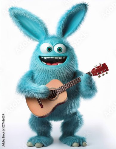 A cheerful blue bunny, fluffy and cute, strums a guitar with a joyful grin. Pure musical bliss!