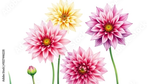 Set of dahlia flowers on isolated white background, watercolor botanical painting AI Generate