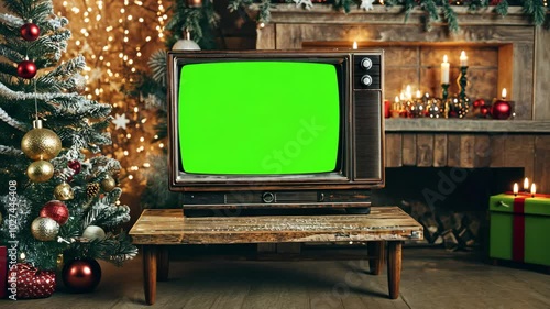 Set up a vintage television with a green screen for holiday project.