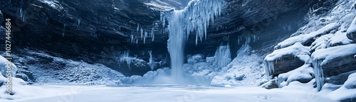 Magnificent Frozen Waterfall in a Distant Icy Valley Dramatic and Majestic Winter Landscape