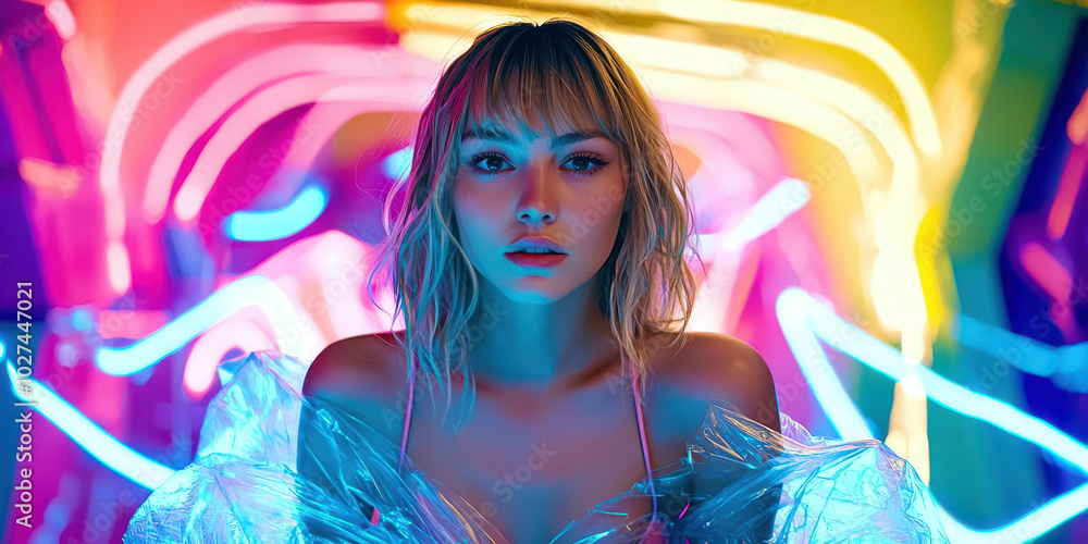 A woman is standing in front of neon lights A woman is standing in front of neon lights
