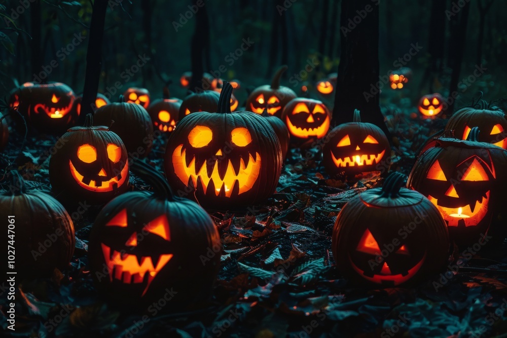 A group of pumpkins with scary faces lit up in the dark A group of pumpkins with scary faces lit up in the dark