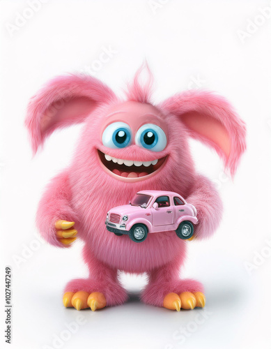 Adorable pink monster playfully holds a tiny pink car, radiating joy and cuteness. A delightful image!