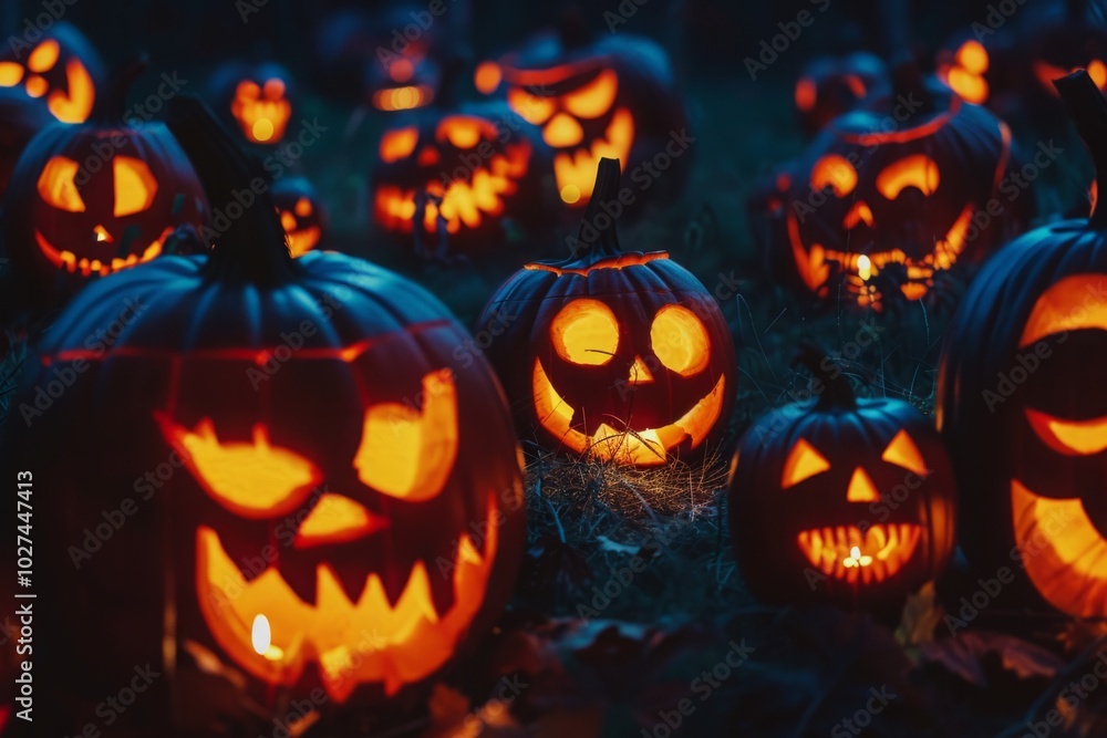 A group of pumpkins with scary faces are lit up in the dark A group of pumpkins with scary faces are lit up in the dark