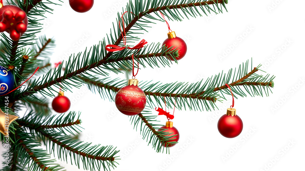 Christmas tree branch with toys on white background. Generative AI Christmas tree branch with toys on white background. Generative AI